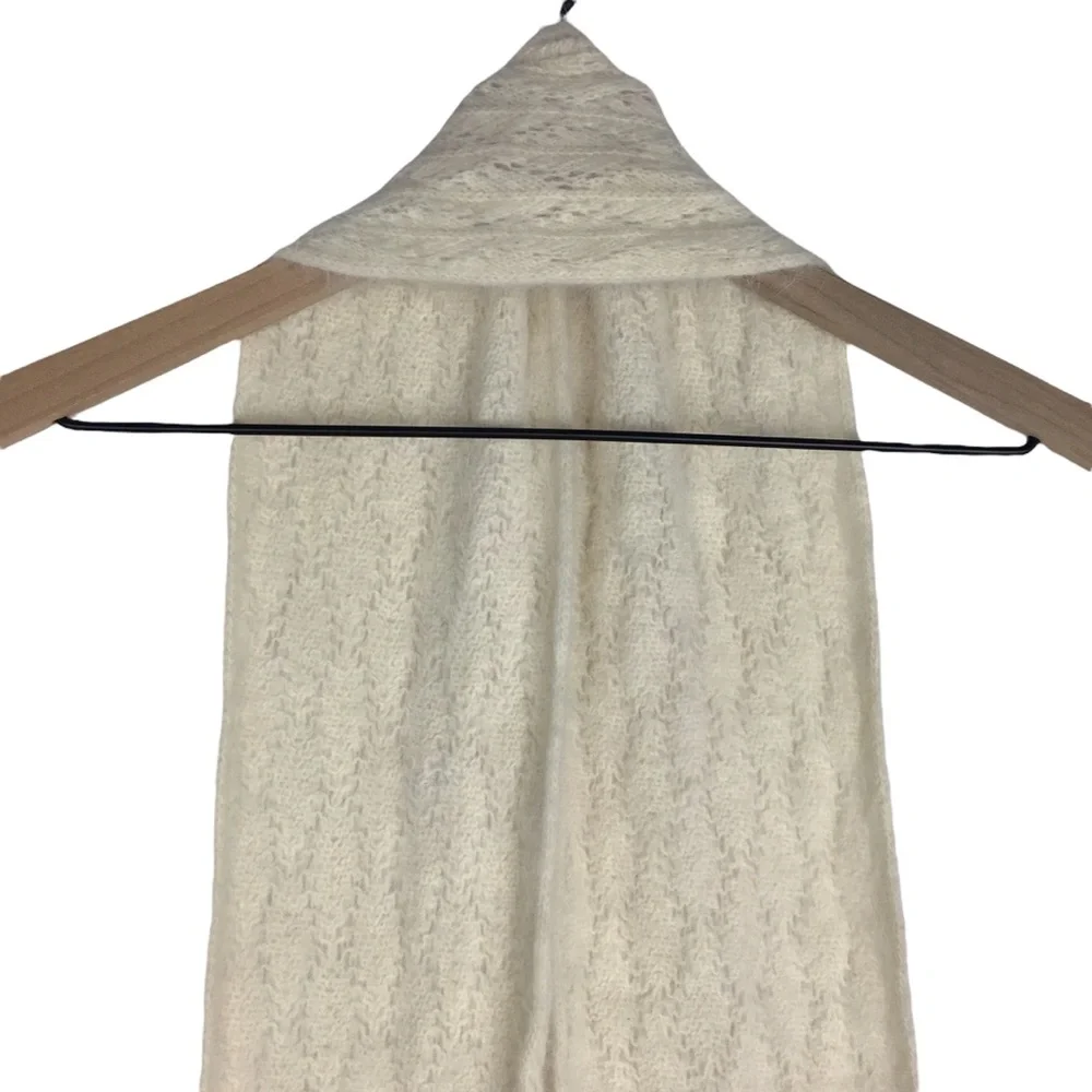 ANGORA Rabbit Hair Wool Blend Scarf Fresh Ivory Fringe Neutral Coastal Grandma